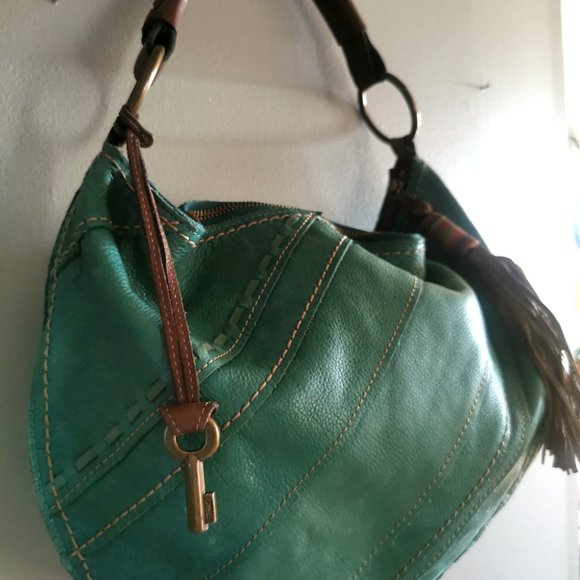 Vintage Fossil Teal Patchwork Boho Leather Shoulder Bag with Leather Tassel - Picture 8 of 11